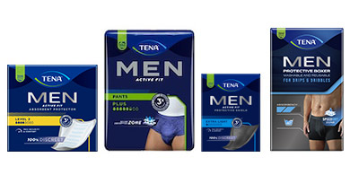 Dyskretna wkładka TENA Men, bielizna ochronna TENA Men Active Fit Pants i wkładka męska TENA Men Medium Dyskretna wkładka TENA Men, bielizna ochronna TENA Men Active Fit Pants i wkładka męska TENA Men Medium